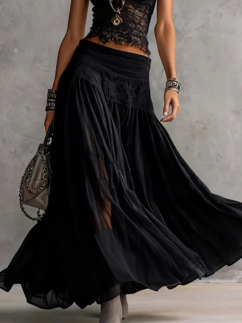 Vega Conjunto de Top de Encaje Negro Semitransparente y Falda Maxi Plisada