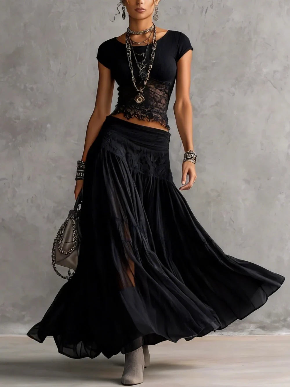 Vega Conjunto de Top de Encaje Negro Semitransparente y Falda Maxi Plisada