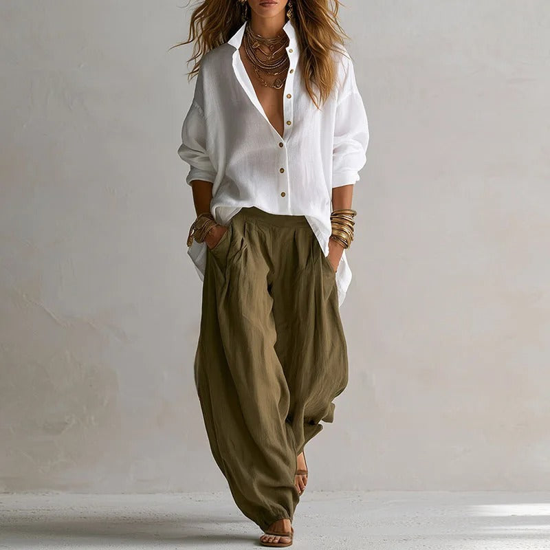 Clementina Conjunto Fluido de Camisa y Pantalón Ancho