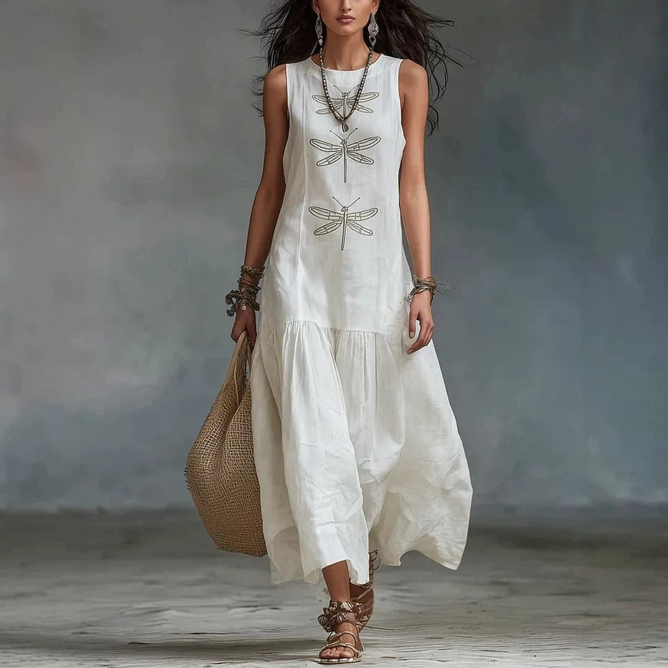 Barbara Vestido Midi Bohemio con Estampado de Libélulas