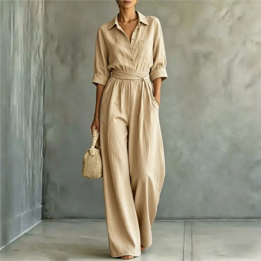 Brigida Mono Elegante con Cintura Ajustable y Pantalón Ancho