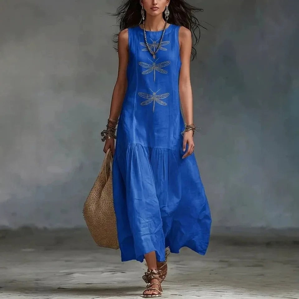 Barbara Vestido Midi Bohemio con Estampado de Libélulas