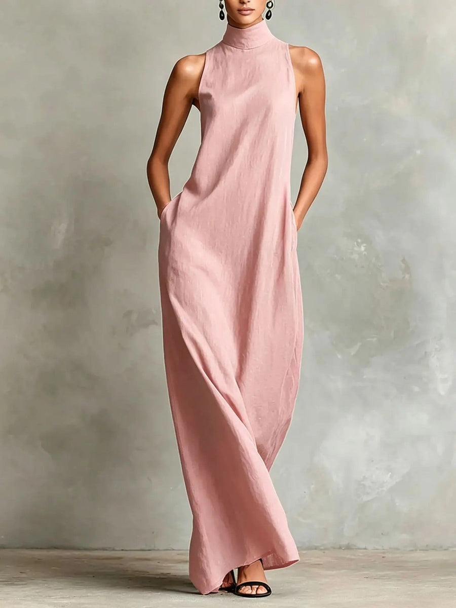 Celsa Vestido Largo Holgado sin Mangas con Cuello Alto