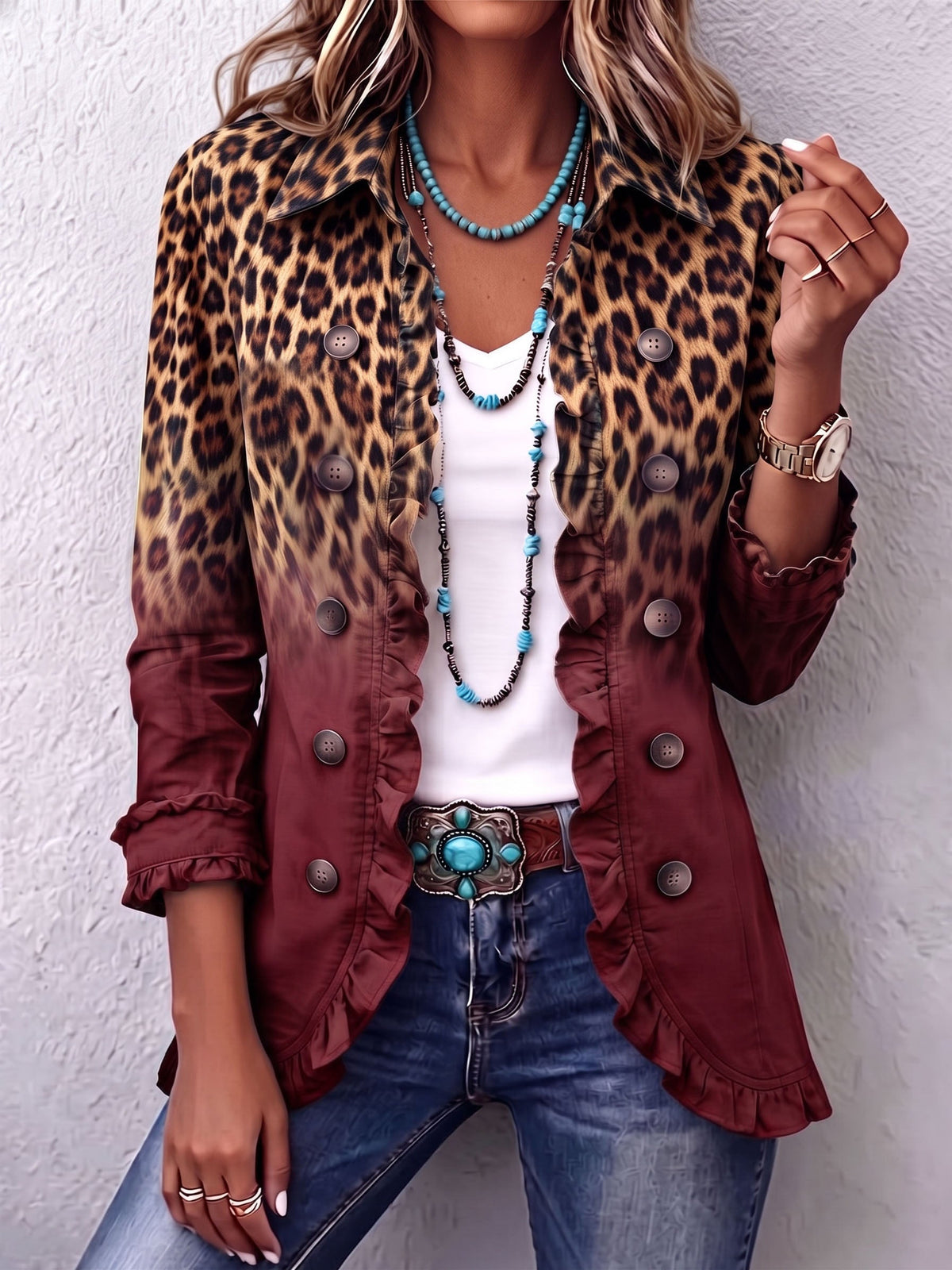 Mercedes Chaqueta Blazer Leopardo Degradado con Volantes