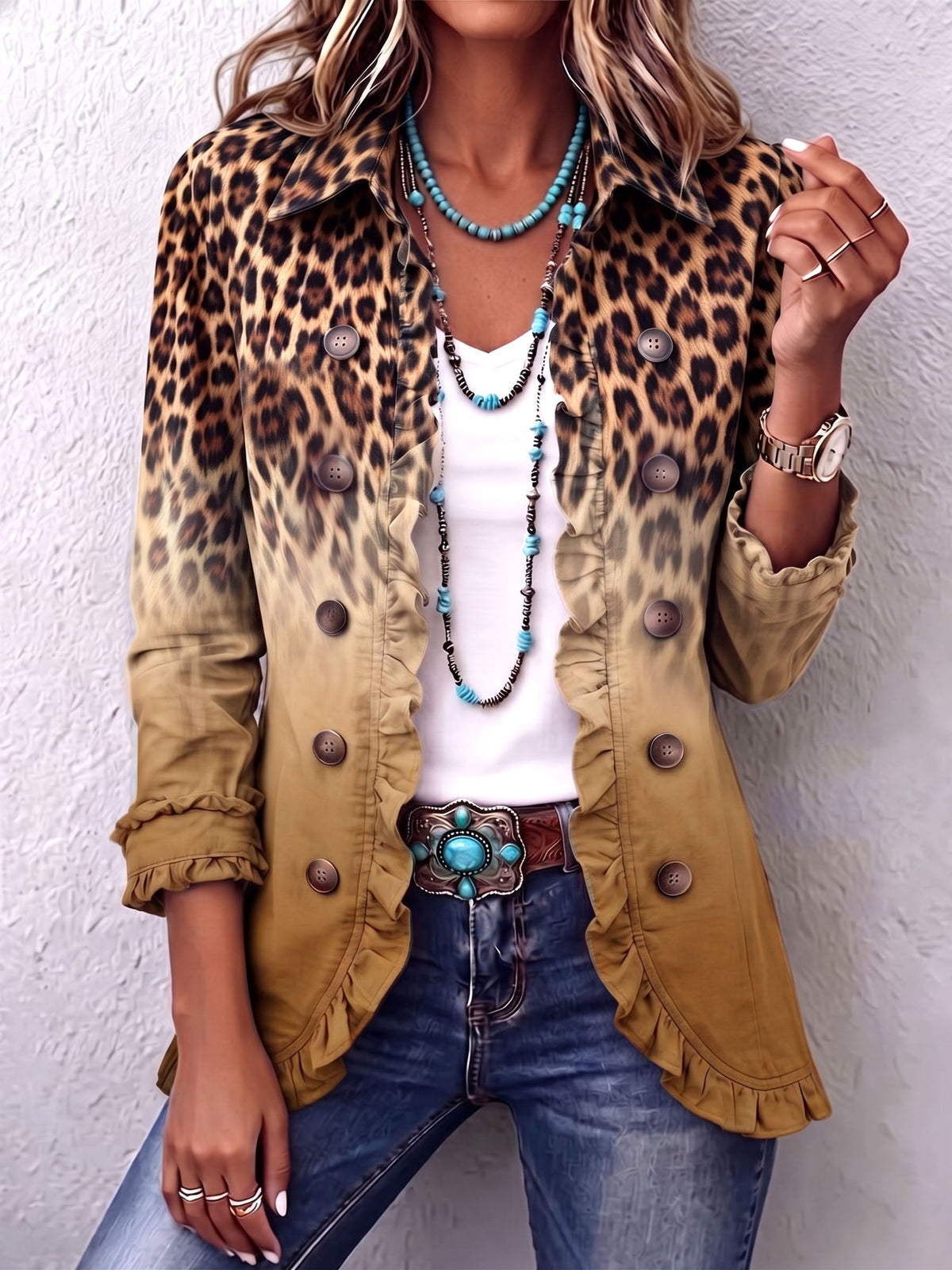 Mercedes Chaqueta Blazer Leopardo Degradado con Volantes